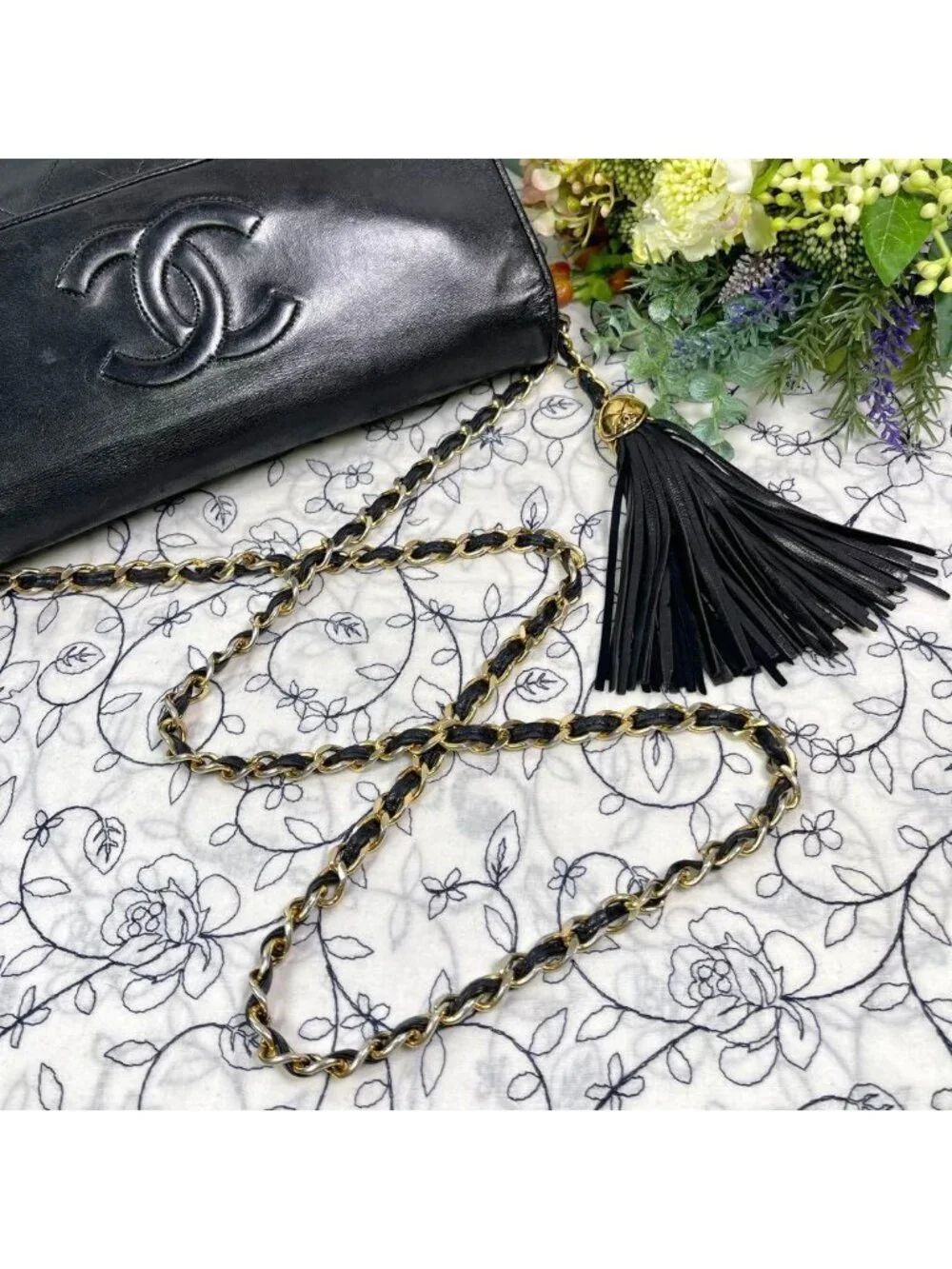 Chanel Vintage Quilted CC Logo Fringe Black